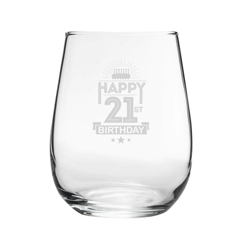 Happy 21st Birthday Cake Design - Engraved Novelty Stemless Wine Gin Tumbler