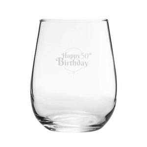 Happy 50th Birthday Balloon Design - Engraved Novelty Stemless Wine Gin Tumbler