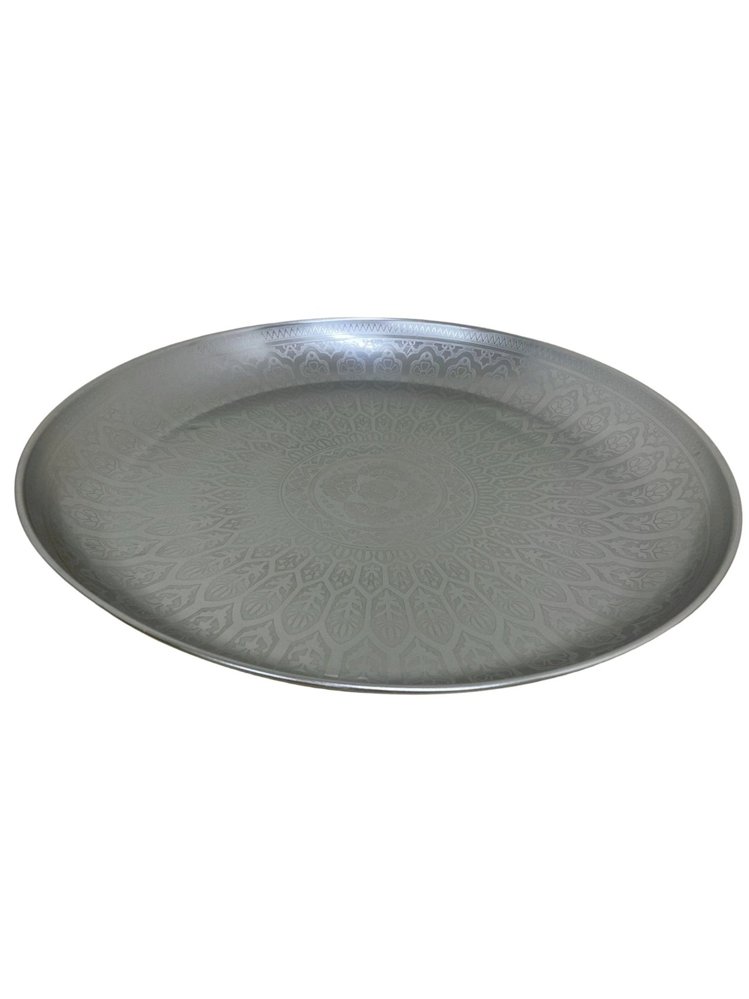 Large Decorative Silver Metal Tray With Etched Design, 42cm