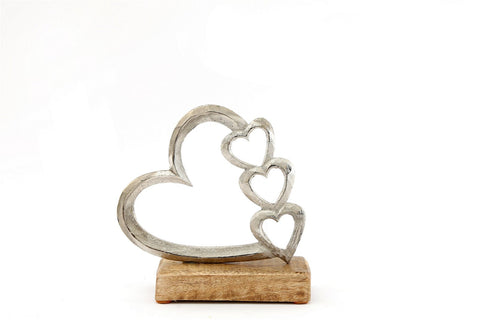 Metal Silver Four Heart Ornament On A Wooden Base Small