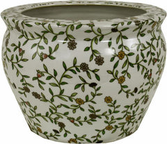 Ceramic Planter Vintage Green & White Floral Design