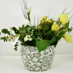 Ceramic Planter Vintage Green & White Floral Design