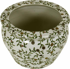 Ceramic Planter Vintage Green & White Floral Design