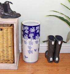 Umbrella Stand Vintage Blue & White Flowers and Butterfly Design