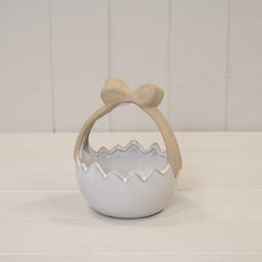 Ceramic Easter Egg Basket White Glazed with Unglazed Bow Handle