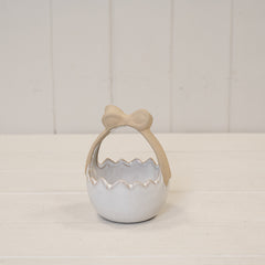 Ceramic Easter Egg Basket White Glazed with Unglazed Bow Handle
