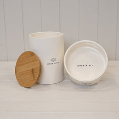 Good Kitty' Ceramic Treat Jar with Bamboo lid.