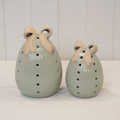 Sage Green Ceramic Egg with Bow Large with LED Timer