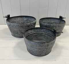 Set of Three Dark Round Planters with Bird