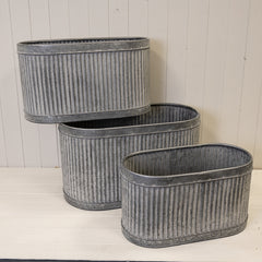 Set of 3 Ribbed Oval Galvanised Zinc Troughs TD59 x 32 cm