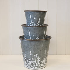 Set of Three Rustic metal planters with Meadow design