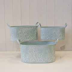 Sage Oval Zinc Planters with Floral Design Set of 3