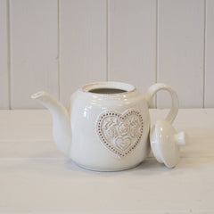 White Ceramic Teapot with Floral Heart Detail