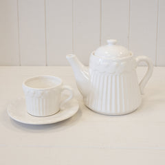 White Ribbed Ceramic Teapot with Heart Pattern