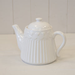White Ribbed Ceramic Teapot with Heart Pattern