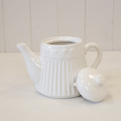 White Ribbed Ceramic Teapot with Heart Pattern