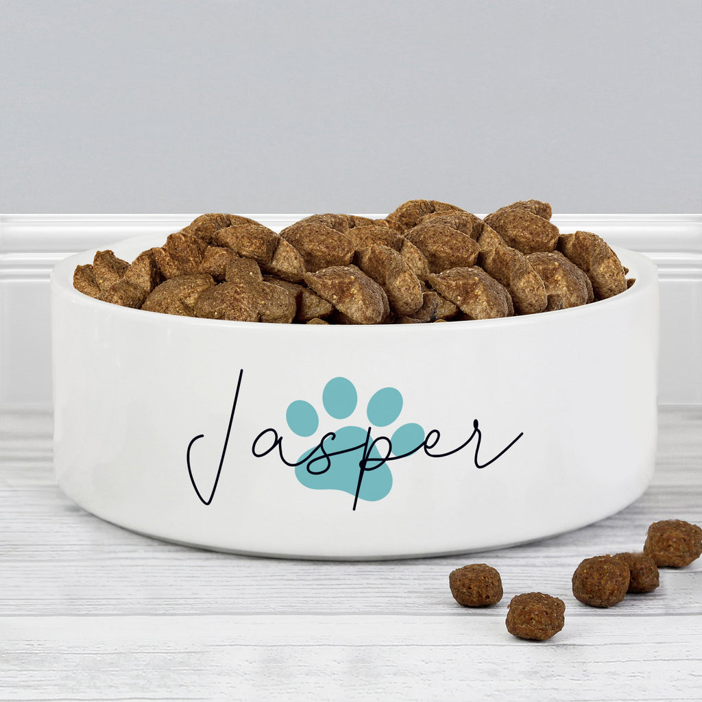 Personalised Blue Paw Print Name 14cm Medium Pet Bowl