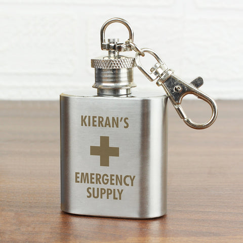 Personalised Emergency Supply 1oz Stainless Steel Hip Flask Keyring