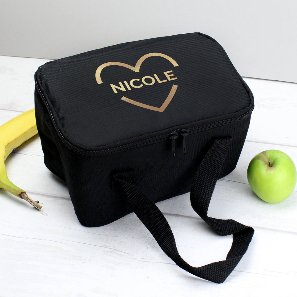 Personalised Gold Heart Black Lunch Bag