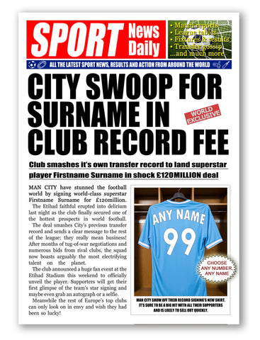Personalised Manchester City Newspaper Style Poster Print For Football Fan