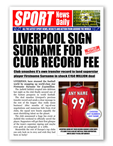 Personalised Newspaper Style Liverpool Poster Print For Football Fan