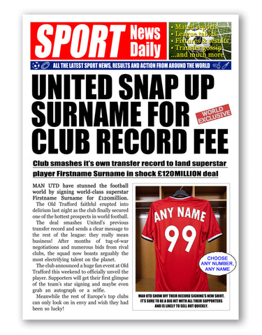 Personalised Newspaper Style Manchester United Poster Print For Football Fan