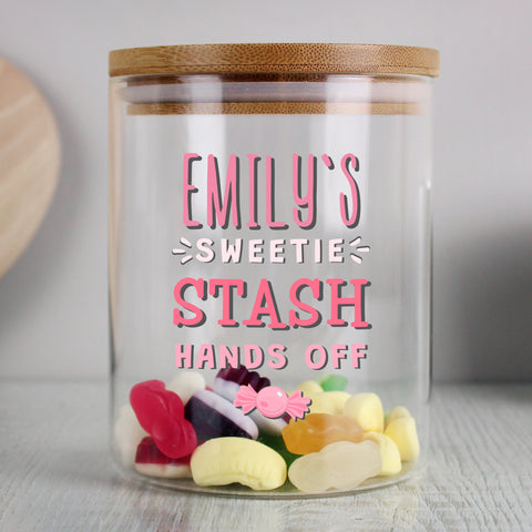 Personalised Sweetie Stash Glass Jar with Bamboo Lid