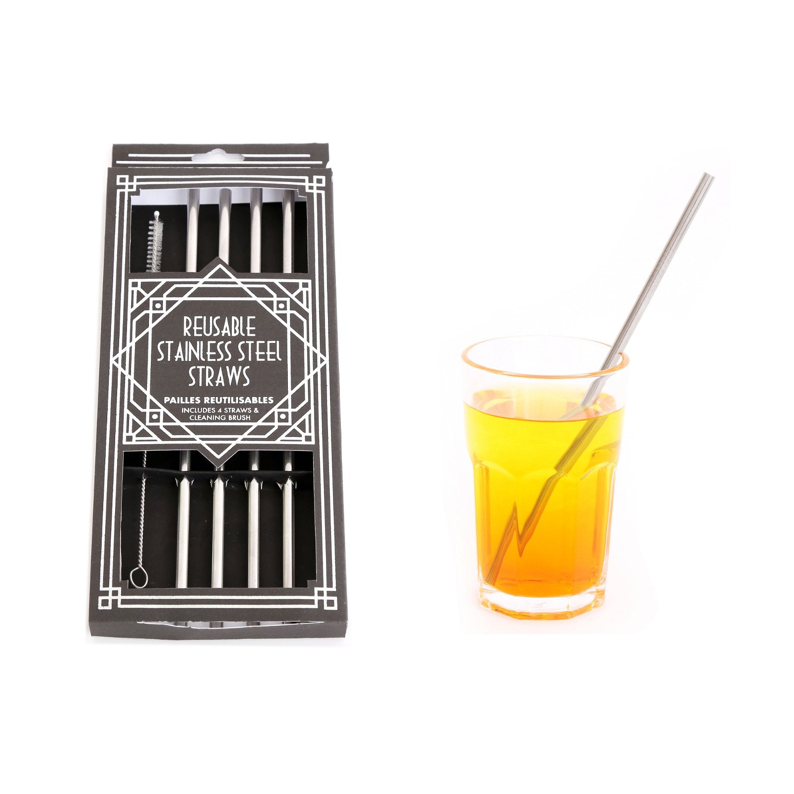 Set of Four Reusable Stainless Straws with Cleaning Brush