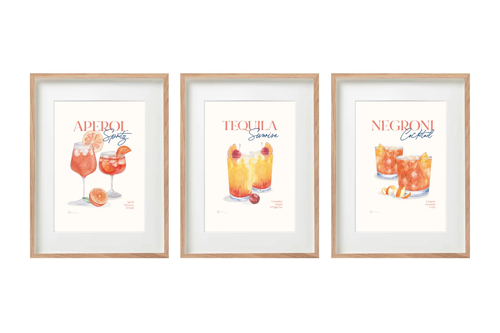 Set of Three Cocktail Recipe Wall Art in Frames