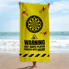 Warning! Sh*t Darts Player - Darts Beach Towel - 150cm x 75cm