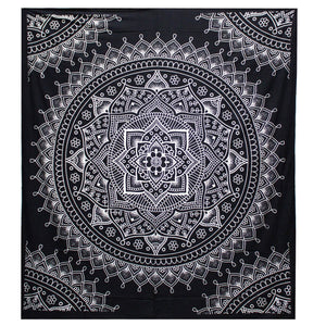 B&W Double Cotton Bedspread + Wall Hanging - Lotus Flower
