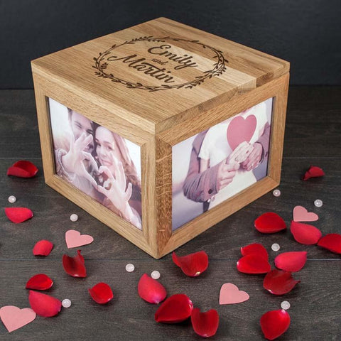 Couple's Oak Photo Keepsake Memory Box With Wreath Design - Official Merchandise Gifts