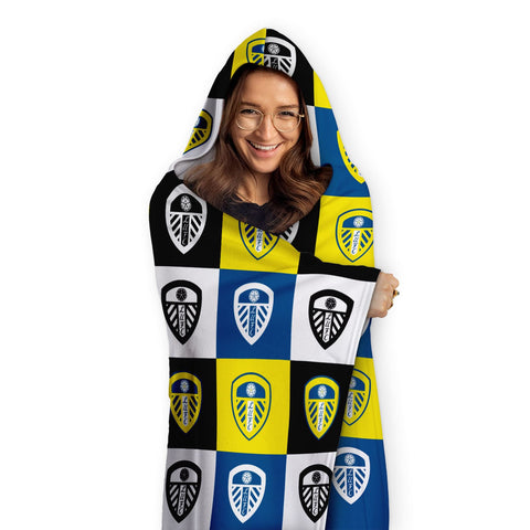 Leeds United Personalised Adult Hooded Fleece Blanket - Chequered