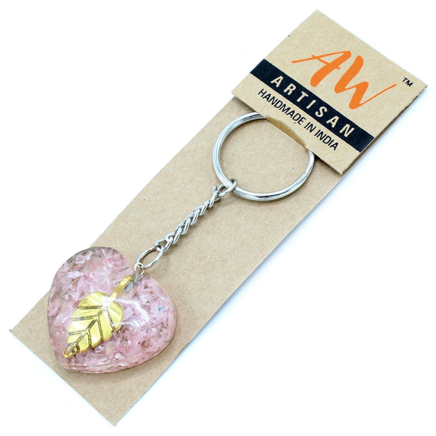 Orgonite Power Keyring - Rose Quartz Heearts Golden Leaf