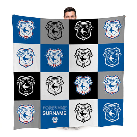 Personalised Cardiff City Fleece Blanket - Chequered