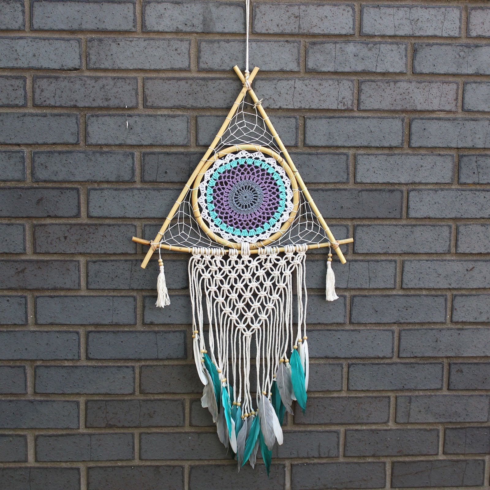 Protection Dream Catcher - Lrg Macrame Pyramid White/Turquoise