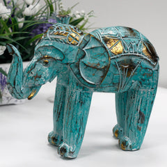 Wood Carved Elephant - Turquois Gold
