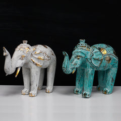 Wood Carved Elephant - Turquois Gold